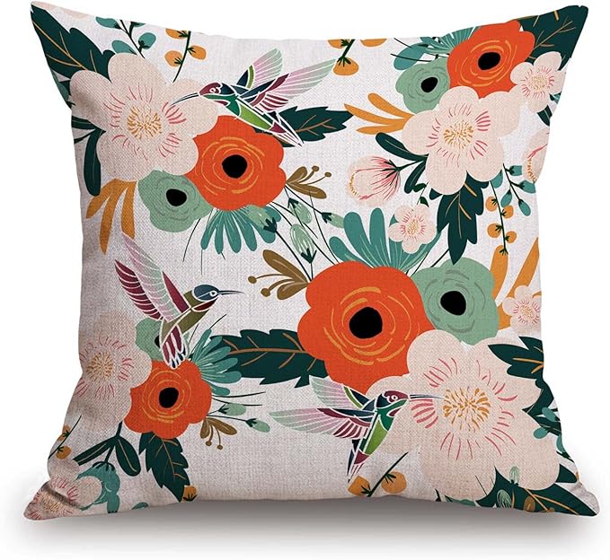 TSSOHU Flower and Hummingbird Pillow Cover Cotton Linen Spring Red Flower Green Leaves Boho Decorative Pillow Covers Cushion Cover Home Decor Pillowcase for 18x18 Inch-Ruum Studio Home
