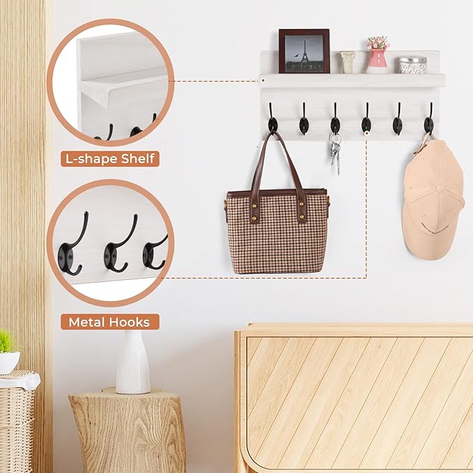 Shelf with Hooks, Coat Rack Wall Mount with 6 Double Metal Hooks, 17 Inch Farmhouse Wall Hooks with Shelf for Entryway, Bathroom, Kitchen, White-Ruum Studio Home