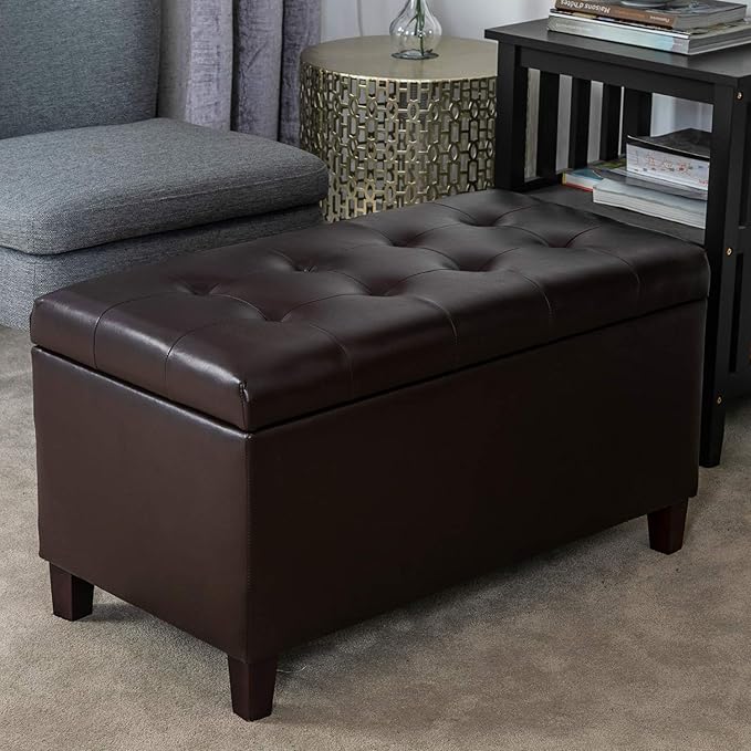 Asense Storage Ottoman Bench, Faux Leather Upholstered End of Bed Bench with Safety Hinge Wooden Legs, for Entryway Bedroom (Chocolate Brown, 33.3")-Ruum Studio Home