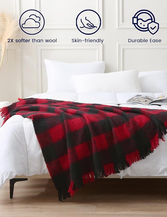 ZonLi Christmas Buffalo Plaid Throw Blanket, 50" x 60" Black and Red Decorative Blankets with Tassel for Couch, Bed, Sofa, Chair, Outdoor, Cozy Warm Lightweight Farmhouse-Ruum Studio Home