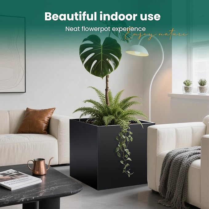 Galvanized Steel Planter Box Black Metal Planter Large Square Indoor Outdoor Planters Cube Steel Heavy Duty Flower Pot 26Inch Powder Coating Modern Commercial Residential for Patio, Deck, Yard, Garden-Ruum Studio Home