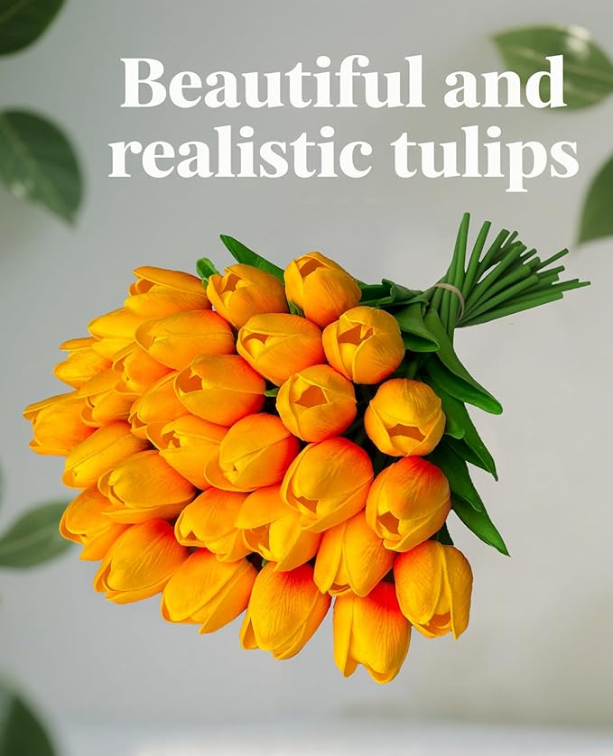 15 Heads Artificial Flowers PU Real Touch Tulip Bouquets Orange Tulips Faux Tulips Latex Fake Flower Bouquet for Spring Wedding Home Décor Centerpiece Arrangements-Ruum Studio Home