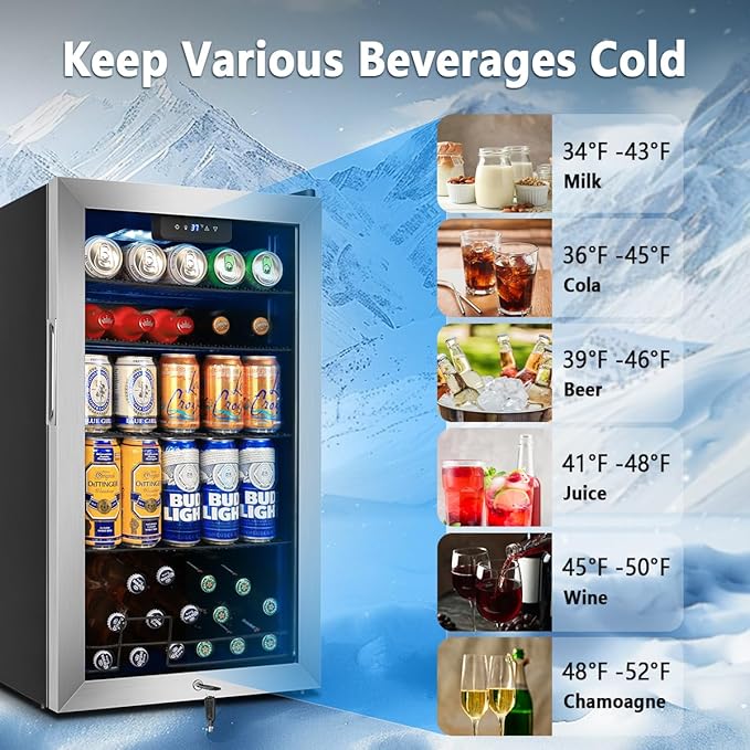 Tylza 130 Can Beverage Refrigerator Cooler, 3.22 Cu.Ft Beverage Cooler with Low-E Glass Door, Safety Lock, Beverage Fridge for Soda, Beer, Wine, Mini Fridge for Home, Office, Bar, Bedroom, Silver-Ruum Studio Home