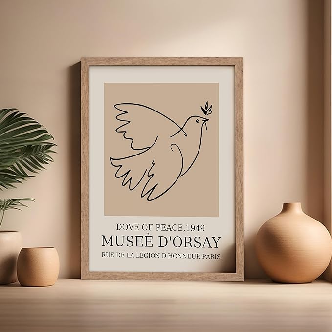 Poster Master Vintage Poster - Retro Minimalist Print - Gift for Artist, Friend - Dove Of Peace, Line Drawing, Sketch, Abstract - Wall Decor for Living Room, Bedroom, 16x20 Beige Framed-Ruum Studio Home