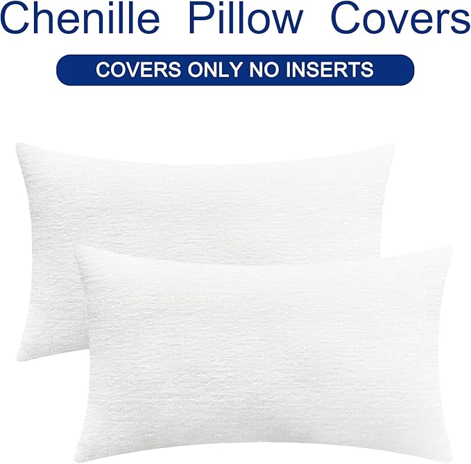 CaliTime Throw Pillow Covers Decorative 16 X 26 Inches Pack of 2 Cozy Chenille Cushion Cases for Couch Sofa Bed Living Room Home True White-Ruum Studio Home