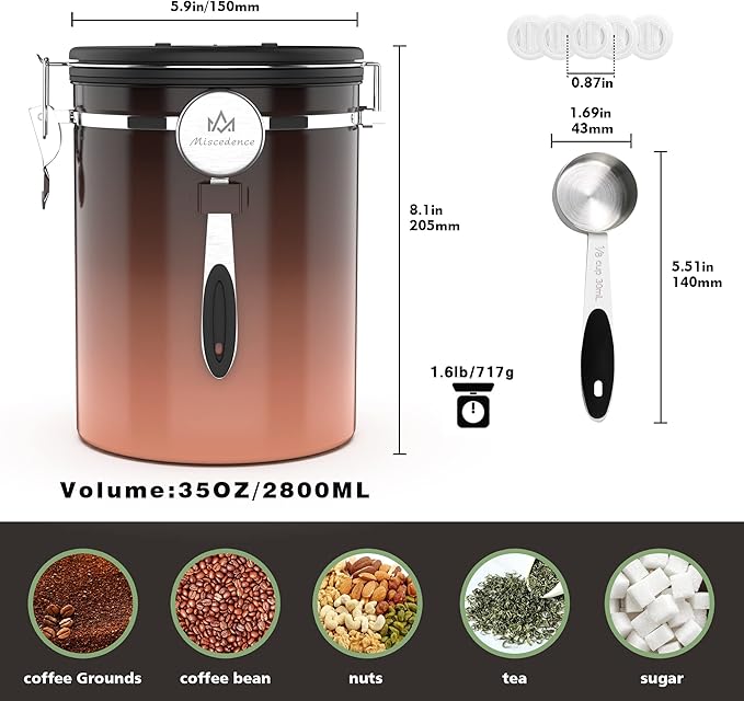 35OZ Coffee Canister for ground coffee with Date Tracker,copper color 304 Stainless Steel Kitchen Food Airtight storage container for Coffee Beans or Grounds, Tea, Sugar(35oz-Gradient)-Ruum Studio Home