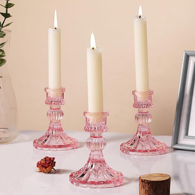 12PCS Pink Candlestick Holders Set- 4" H Taper Candle Holders, Glass Candle Holders Bulk for Wedding, Party, Home Table Centerpieces, Festival Gifts & Windowsill Decor-Ruum Studio Home