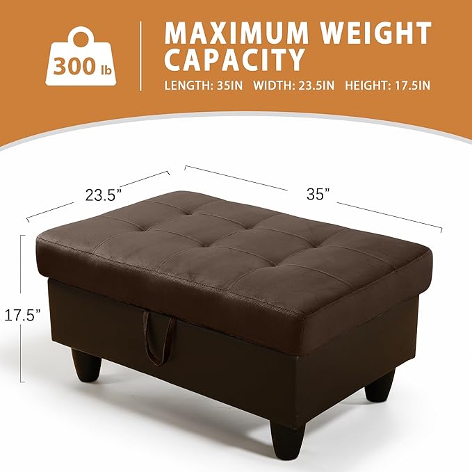 Ottoman Rectangular Storage Ottoman Bench, Flannel Footrest Stool Footstool with Lid for Living Room, Bedroom, Entryway, Dark Brown&Black, 35"x23.5"x17.5"-Ruum Studio Home