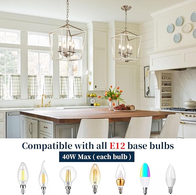 4-Light Brushed Nickel Farmhouse Chandelier, 12" Industrial Ceiling Light Lantern Pendant Light with Metal Cage Adjustable Height Rustic Hanging Light E12 Base for Kitchen Island Dining Room Entryway-Ruum Studio Home
