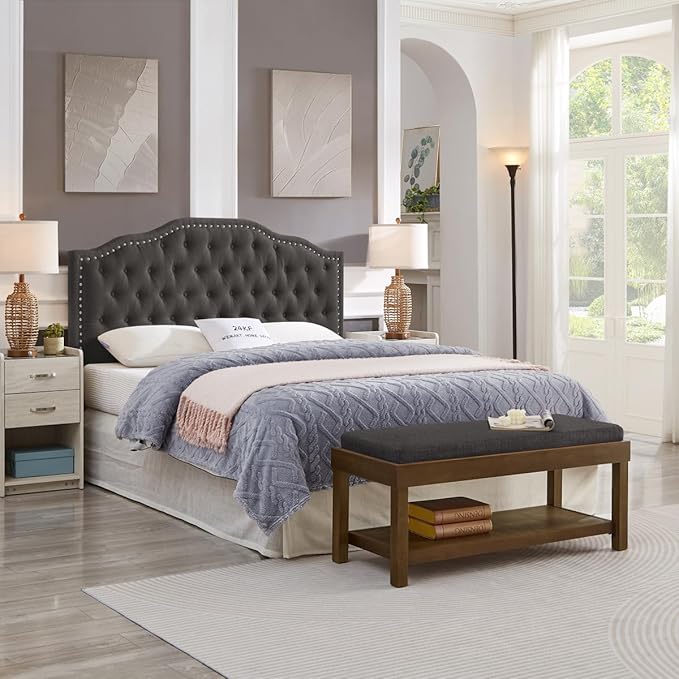 24KF Upholstered Button Tufted Queen Headboard with Nailhead Trim, Elegant Boucle Fabric Full headboard, 6031-Q-Boucle-Dark Gray-Ruum Studio Home