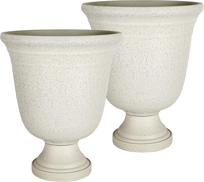 Worth Garden 2-Pack 19.5" H Plastic Urn Planters, Grayish White Large Lightweight Imitation Stone Textured Decorative Flower Plant Pots with Drainage Hole for Indoor Outdoor Patio Front Porch-Ruum Studio Home