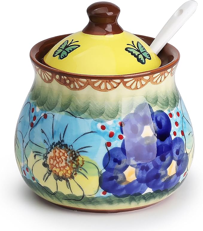 silesia Handmade Sugar Bowl with Lid and Spoon, 9 Ounce Ceramic Hand-Painted Sugar Jar for Home in Gift Box, Kitchen Decor, Oven, Dishwasher & Microwave Safe, Glazed Yellow-Ruum Studio Home