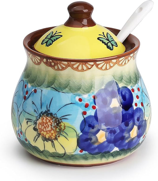 silesia Handmade Sugar Bowl with Lid and Spoon, 9 Ounce Ceramic Hand-Painted Sugar Jar for Home in Gift Box, Kitchen Decor, Oven, Dishwasher & Microwave Safe, Glazed Yellow-Ruum Studio Home