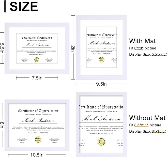 Vittanly 8.5x11 Picture Frames Set of 9, Shatter Resistant Plexiglass, Display 6x8 Pictures with Mat or 8.5x11 without Mat, Photo Frames for Wall or Tabletop, Engineered Wood, White-Ruum Studio Home