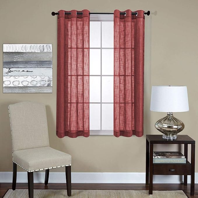 MIUCO Semi Sheer Curtains Poly Linen Textured Solid Grommet Curtains 63 Inches Long for Living Room 2 Panels (2 x 37 Wide x 63" Long) Burgundy-Ruum Studio Home