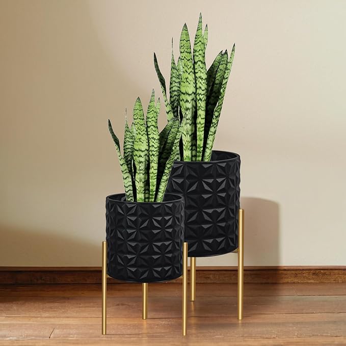 ARNIS Modern Planter Pots, Set of 2 Large Planters with Stand, Decorative Planters, Metal Pots with Drainage Holes for Living Room, Office, Garden or Balcony, 10.5 &12.25 Inch, Matte Black-Ruum Studio Home