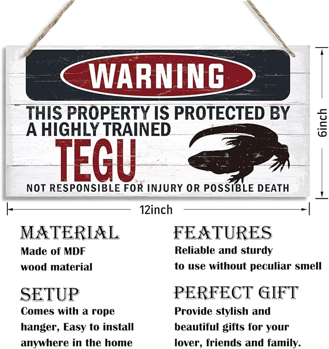 Warning Sign, Tegu Warning Wood Plaque Sign, Funny Door Signs, Decorative Wood Hanging Suspension Plaque, Farmhouse Wooden Wall Decor, Outdoor Hanging Wooden Signs-Ruum Studio Home