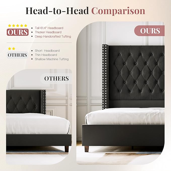 PaPaJet King Size Bed Frame with 61.4" Tall Headboard, Velvet Modern Upholstered Tufted Bed for Adults, Handmade Deep Button Tufting, Solid Wood Legs, No Box Spring Required, Black-Ruum Studio Home