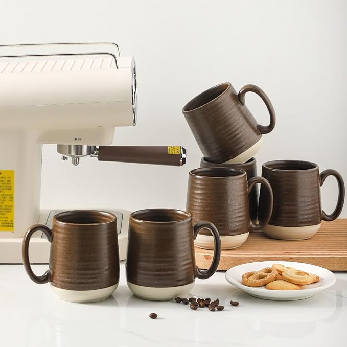 Hasense Porcelain Coffee Mugs Set of 6, 15 Ounce Large Ceramic Coffee Cups Set with Handle for Latte, Tea, Cocoa and Hot Chocolate, Brown Coffee Mugs for Men and Women, Microwave Safe-Ruum Studio Home