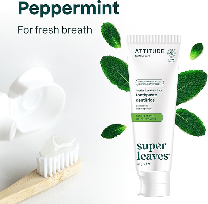 ATTITUDE Fluoride-Free Fresh Breath Toothpaste, Peppermint Flavor, Vegan & Cruelty-Free, Sugar-Free, Plant & Mineral-Based Ingredients, Clean Oral Care, 4.2 Oz-Ruum Studio Home