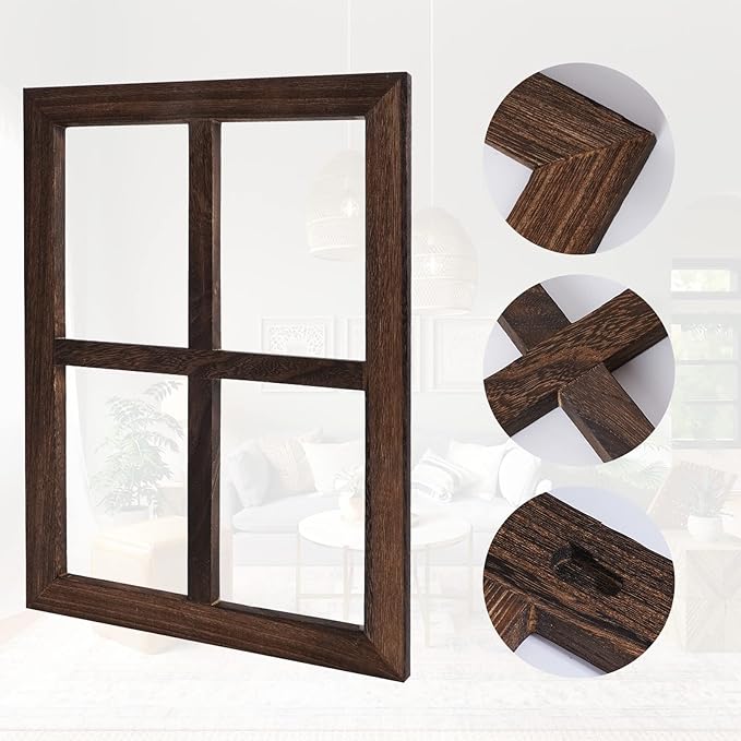 Rustic Wood Window Frame with Green Wreath and Arrows Wall Decor，Farmhouse Window Frame Hanging Decor,Wooden Fake Decoration,Window Pane Wall Decor,Set of 2 (Brown)-Ruum Studio Home