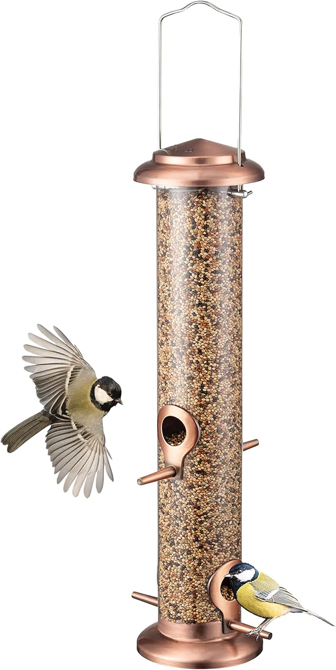 iBorn Metal Bird Feeders Metal Bird Feeder Copper for Outdoors Hanging All Metal Copper Finishing 14 Inch 4Port(Seed is not Included)-Ruum Studio Home