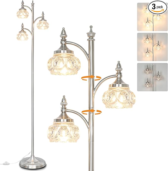 Brushed Nickel Floor Lamp 66.5'' Tall Standing Lamp Dimmable Tree Floor Lamps with 3 LED Lights Glass Shades Silver Lamp for Living Room Bedroom Office(3 Bulbs Included)-Ruum Studio Home