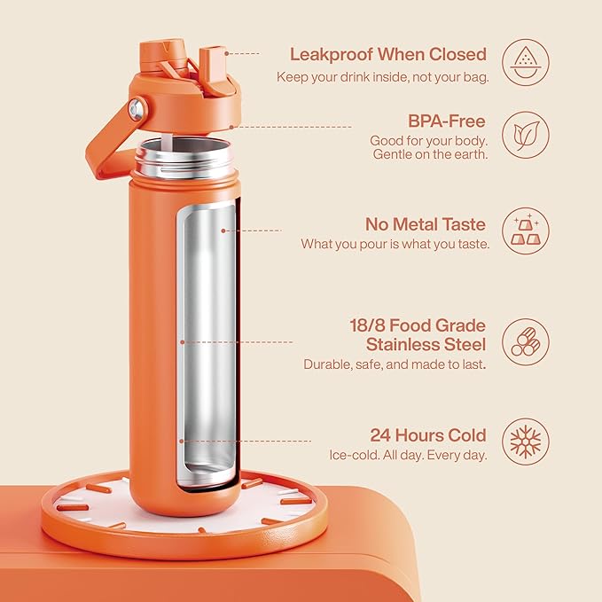 Insulated Water Bottle with Straw Stainless Steel Water Bottle, Leak-Proof, BPA-Free, Double Wall Vacuum Keeps Cold for 24 Hours for Sports, Travel, School (26 oz, Moderate Orange)-Ruum Studio Home