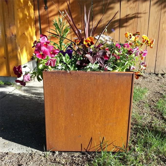 Corten Steel Planter Box Metal Outdoor Planter Large Square Cube Rustic Planter Pot Durable Antique Detached for Commercial Residential Tall Plant Patio Deck and Backyard 32 Inch-Ruum Studio Home