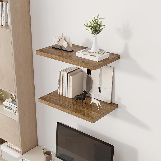 24" Floating Shelves for Wall, 12" Deep Slim Walnut Floating Shelves, Wall-Mounted Shelves for Bedroom, Living Room, Kitchen, Bathroom - Set of 2-Ruum Studio Home