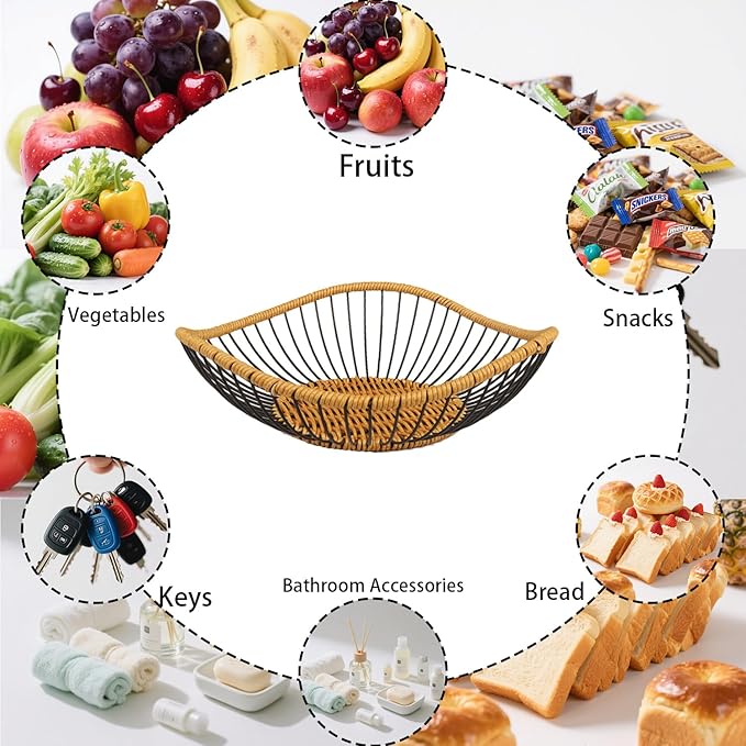 Vine Woven Iron Fruit Bowl, Metal Wire Fruit Basket, Vegetable Drain Basket, Storage Baskets for kitchen counter, countertop,Snacks, Candy, Bread,Cosmetics,Table decorative(13.8 x 4 Inches)-Ruum Studio Home