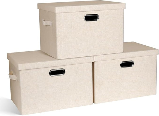 Large 17" 36 Quart Collapsible Stackable Storage Bins with Lids, 3 Packs Light Orange Linen Fabric Closet Boxes with Lids, Storage Cube Baskets Container Organizers for Office (17x12x11)-Ruum Studio Home