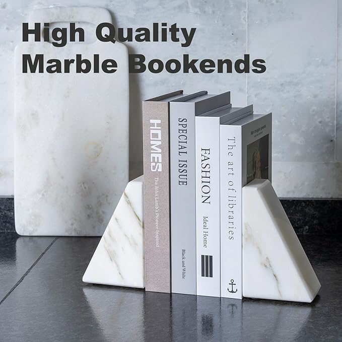 Marble Book Ends White, Heavy Duty Book Ends for Shelves, Decorative Natural Book Stopper，Unique Decorative Bookend for Home Shelves Calacatta Natural Marble Bookend, Set of 2-Ruum Studio Home