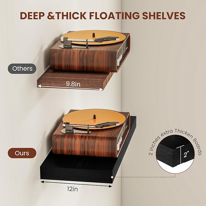 Black Floating Shelves for Wall 55 Inches Long, 12" Deep Wall Shelves 2" Thick, Heavy Duty Shelf for Bedroom, Bathroom, Living Room, Kitchen, Office, Home Decor, Modern Shelf Set of 2, 55" X 12" X 2"-Ruum Studio Home