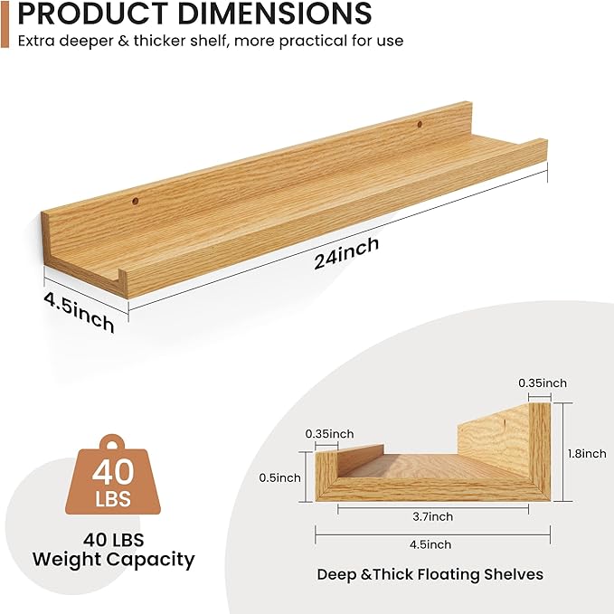 Fun Memories Picture Ledge Shelves Set of 2, 24 Inch Rustic Wall Mounted Floating Shelves with Lip for Home Storage and Décor in Bathroom, Kitchen, Nursery, Bedroom, Living Room, Oak-Ruum Studio Home