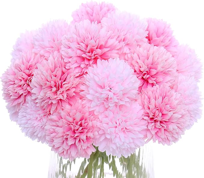 Kimura's Cabin 20Pcs Fake Mums Flowers Artificial Silk Ball Flower Faux Chrysanthemum Wedding Arrangements Bouquets Home Garden Table Centerpieces (Pink Light Pink)-Ruum Studio Home