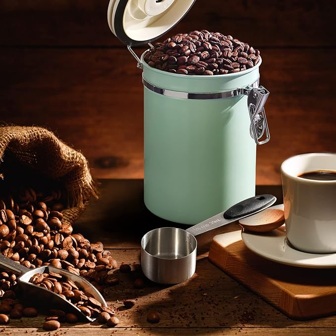 ShanSon Coffee Canister Airtight Coffee Container Stainless Steel Coffee Bean Storage Container with CO2 Release Valve and Scoop Coffee Canister for Beans,Grounds,Sugar,Flour,Tea,Cereal,22OZ,Green-Ruum Studio Home