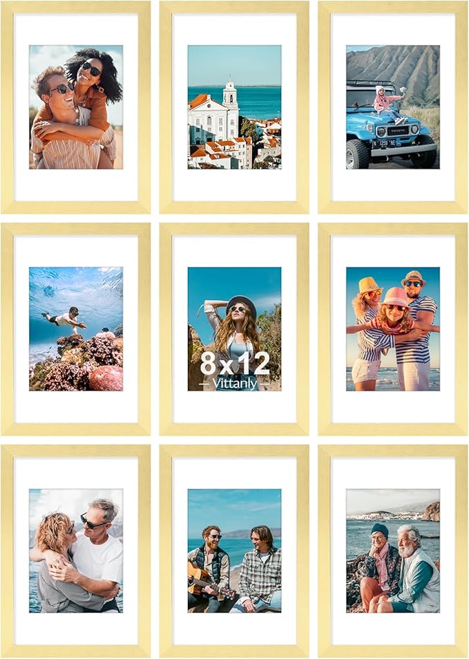Vittanly 8x12 Picture Frames Set of 9, Shatter Resistant Plexiglass, Display 6x8 Pictures with Mat or 8x12 without Mat, Photo Frames for Wall or Tabletop, Engineered Wood, Gold-Ruum Studio Home