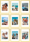 Vittanly 8x12 Picture Frames Set of 9, Shatter Resistant Plexiglass, Display 6x8 Pictures with Mat or 8x12 without Mat, Photo Frames for Wall or Tabletop, Engineered Wood, Gold-Ruum Studio Home