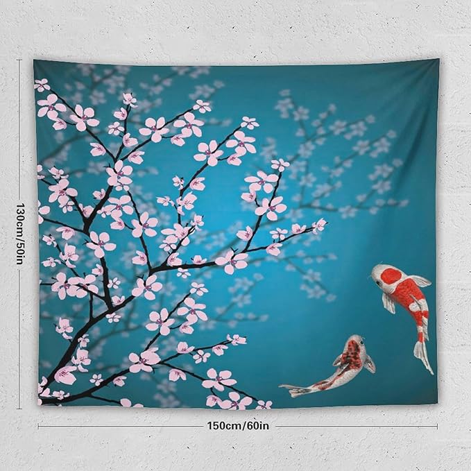 Japanese Koi Fish Tapestry, Cherry Blossoms Asian Oriental Green Teal Flower Branch Koi Fish Carp Tapestries Wall Hanging for Bedroom Living Room Office Decor 60"x50"-Ruum Studio Home
