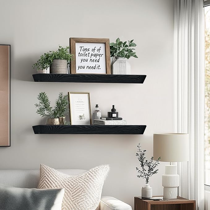 24"x6.8"x1.6" Slanted Floating Wall Shelves 2-Pack - Rustic Black Finish, Heavy-Duty Solid Wood Design with Hidden Brackets - Perfect for Living Room, Kitchen, Bathroom, or Office-Ruum Studio Home