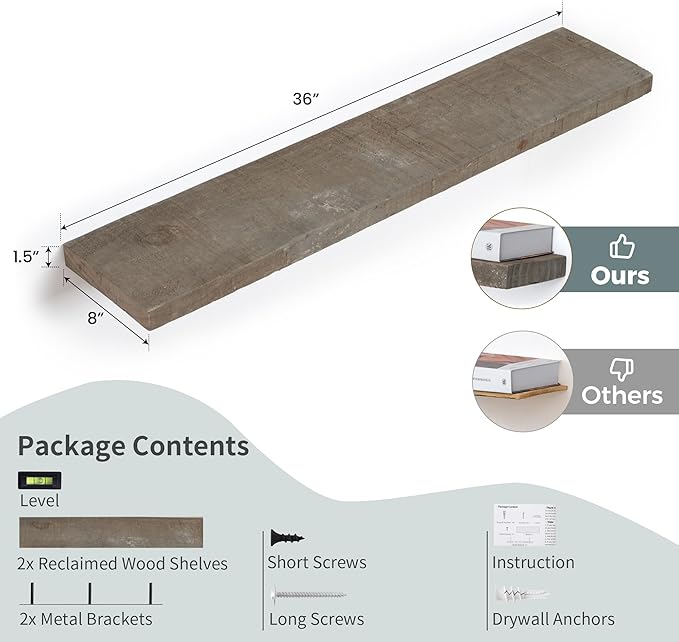 Floating Shelves | 8" Deep Rustic Reclaimed Barnwood Wall Hanging Shelves with Invisible Heavy-Duty Metal Bracket | Wall Mounted | Farmhouse Style | 36 inches, 2 PCs, Distressed Grey-Ruum Studio Home