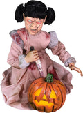 Haunted Hill Farm Lunging Pumpkin Carver Zombie Girl by Tekky, Motion-Activated Talking Halloween Animatronic for Indoor or Covered Outdoor Creepy Halloween Decorations, Plug-in or Battery Operated-Ruum Studio Home