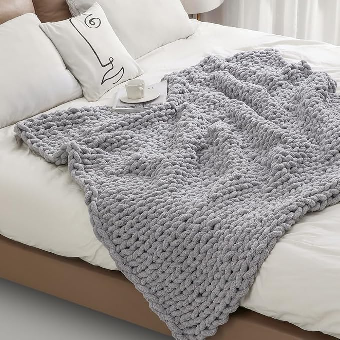 Chunky Knit Blanket Throw 40"×40", Hand Knitted Warm Chenille Throw Blanket, Home Decor Soft Thick Yarn Cable Knit Blanket, Soft Breathable Fleece Banket Christmas for Couch Bed Sofa Best Gift (Gray)-Ruum Studio Home