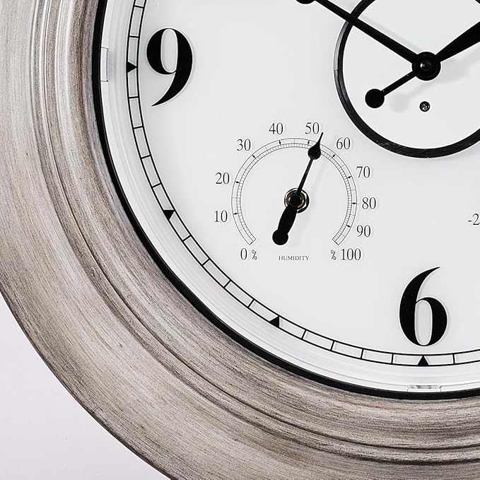 Andy Star 21 Inch Large Luminous Outdoor Wall Clock and Temperature for Patio, Pool, Oversized Round Wall Clocks Waterproof, Vintage Brushed Gray Oak Wooden Finish Silent Non Ticking-Ruum Studio Home