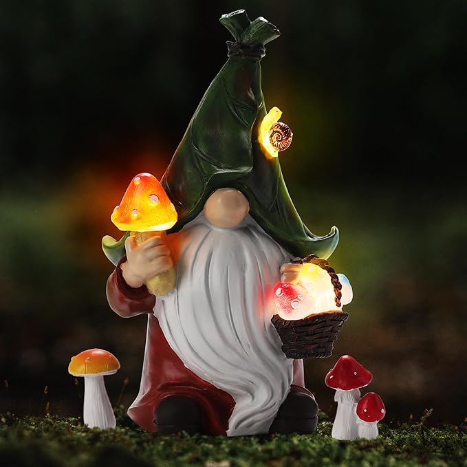 Mushroom-Picking Gnome Solar Garden Statue with 3 LED Lights, Set with 1 Gnome and 2 Small Mushroom, Lovely Garden Gnome Set for Patio, Yard, Lawn Ornament, Outdoor Decor-Ruum Studio Home