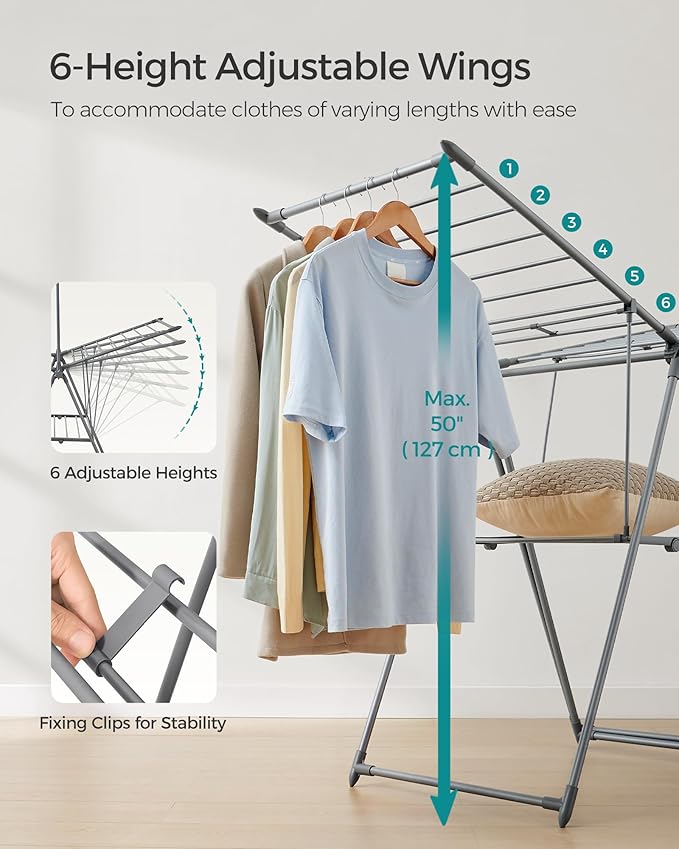 SONGMICS Clothes Drying Rack, Foldable 2-Level Laundry Drying Rack, Free-Standing Airer, 1 Additional Tall Hanging Bar, 2 Height-Adjustable Wings, 24 Drying Rails, Space Savng, Gray ULLR521G01-Ruum Studio Home
