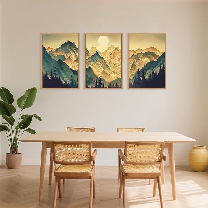 Celestdeco Mountains Forests Framed Canvas Wall Art Set, Abstract Sun Woodland Painting, Boho Scenery Sun Wall Decor, Natural Woodgrain Art Print for Living Room, Bedroom, Dining Room, Office - 16"x24"x3-Ruum Studio Home
