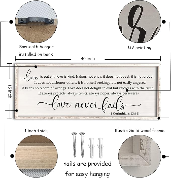 flowtorely Love is Patient, Kind Wall Art Decor 40"X15" Love Never Fails Sign 1 Corinthians 13 Bedroom Above Bed Large Bible Verse Quote Scripture Christianity Hanging Sign (White)-Ruum Studio Home