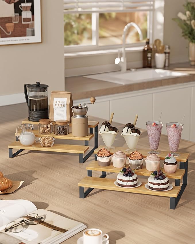 SONGMICS Display Risers, Set of 2 Engineered Wood Perfume Organizer Stand, 3-Tier Cupcake Stand Holder, Spice Rack, Shelf Risers for Figures, Dessert Shelves, Natural Beige and Ink Black UKCS016N01-Ruum Studio Home
